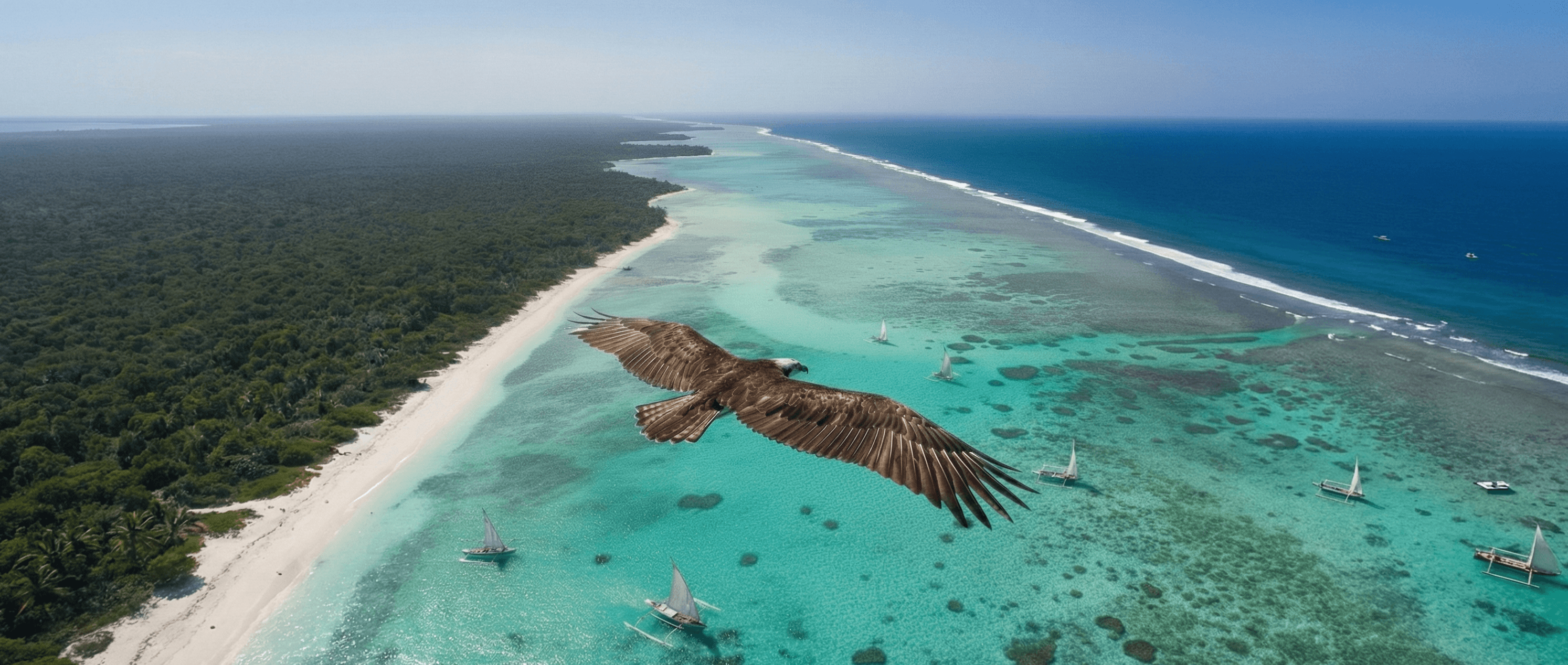 Osprey soaring over coastline