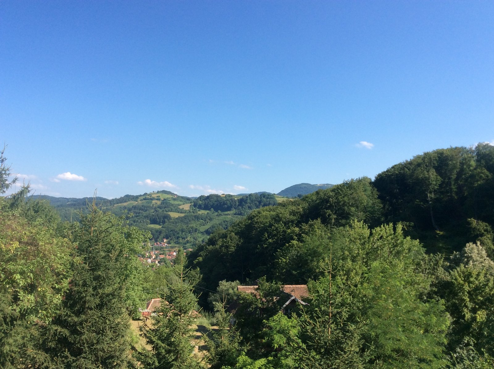 View through trees from Dobri Potok in Lipenović, looking down across the forested hills to Krupanj town nestled in the valley